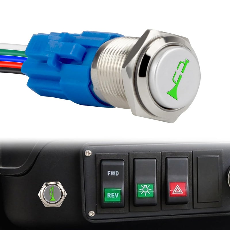 BFXM Horn Button 12v, 16MM Raised Speaker Momentary Push Button Switch, 5/9" Mounting Hole Horn Switchs for Automotive Car Boat Train, Green LED Light Silver Stainless Steel Shell - Image 1